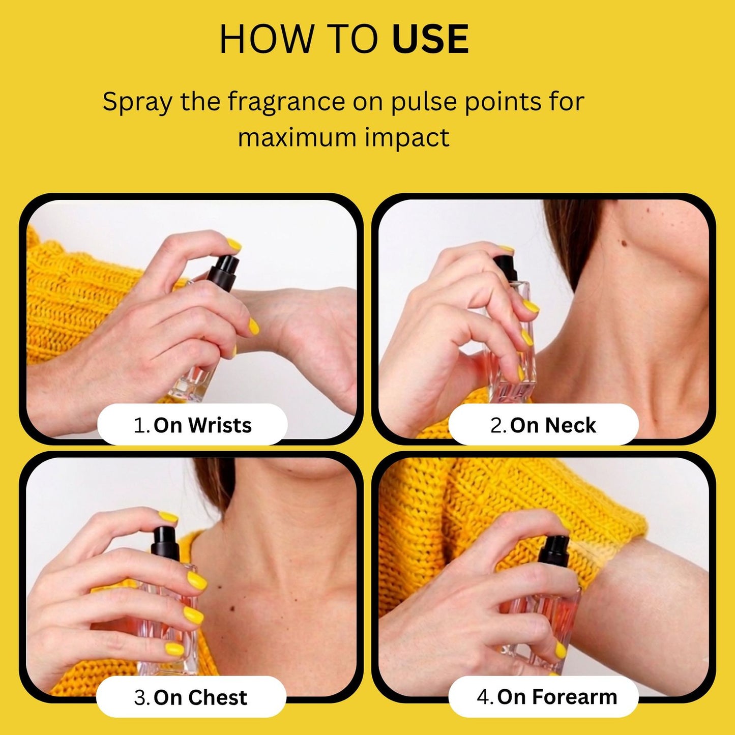 Instructional graphic titled 'HOW TO USE' showing four panels with spraying a fragrance on wrists, neck, chest, and forearm, with text reading 'Spray the fragrance on pulse points for maximum impact.'.