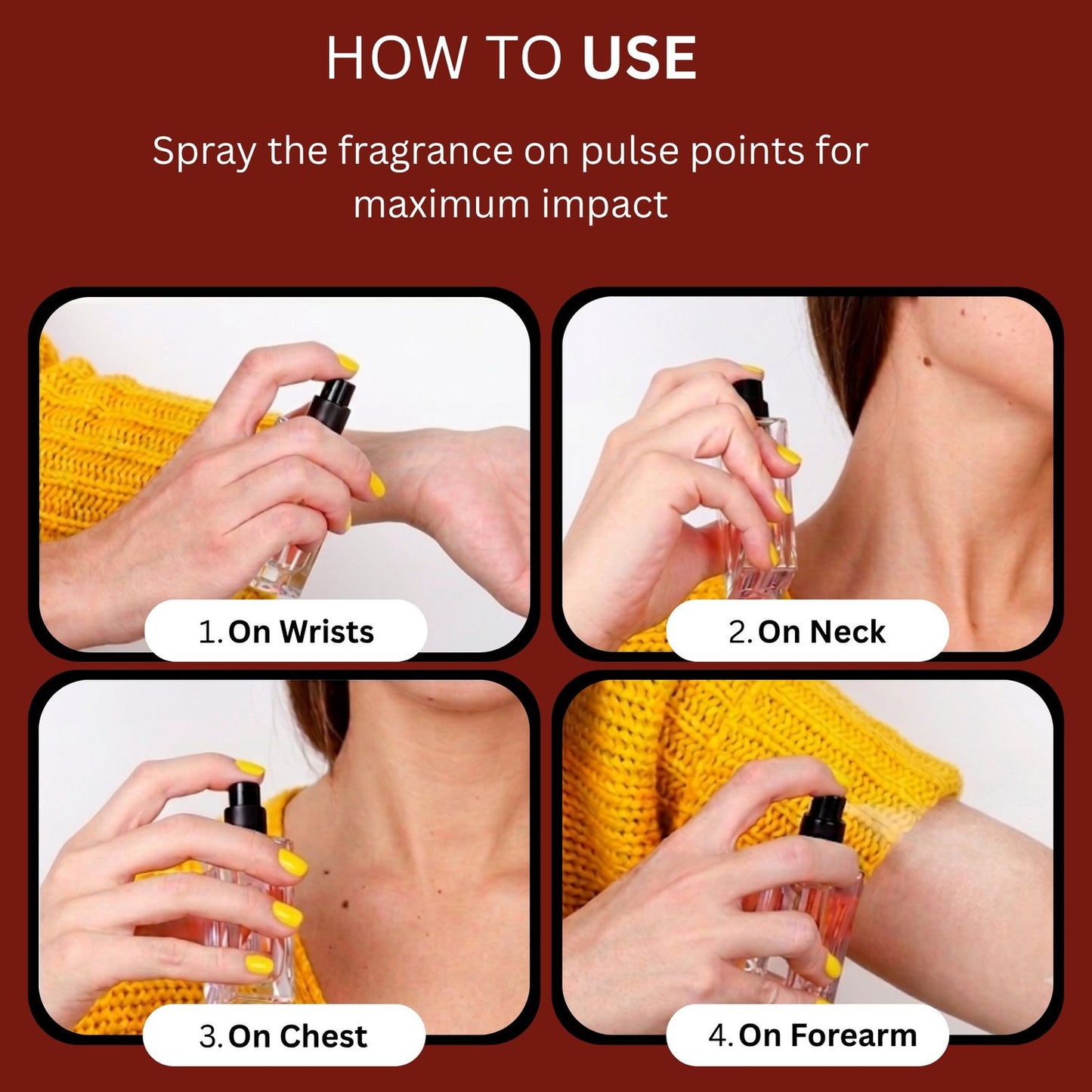 Instructional graphic titled 'HOW TO USE' showing four panels with a woman spraying a fragrance on different body areas: wrists, neck, chest, and forearm. White text on a dark red background explains to spray on pulse points for maximum impact.