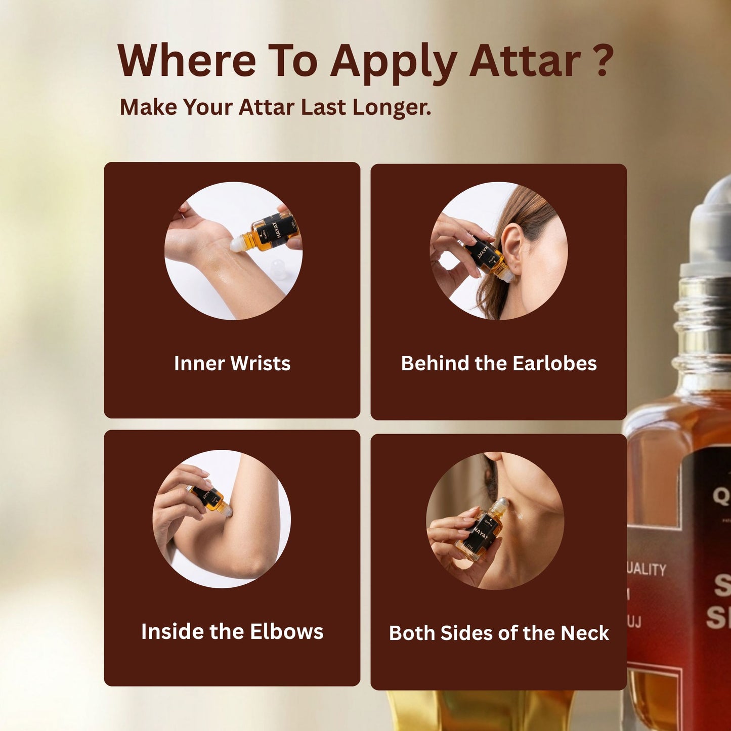 Instructions on where to apply attar with images and a bottle of attar on a blurred background.