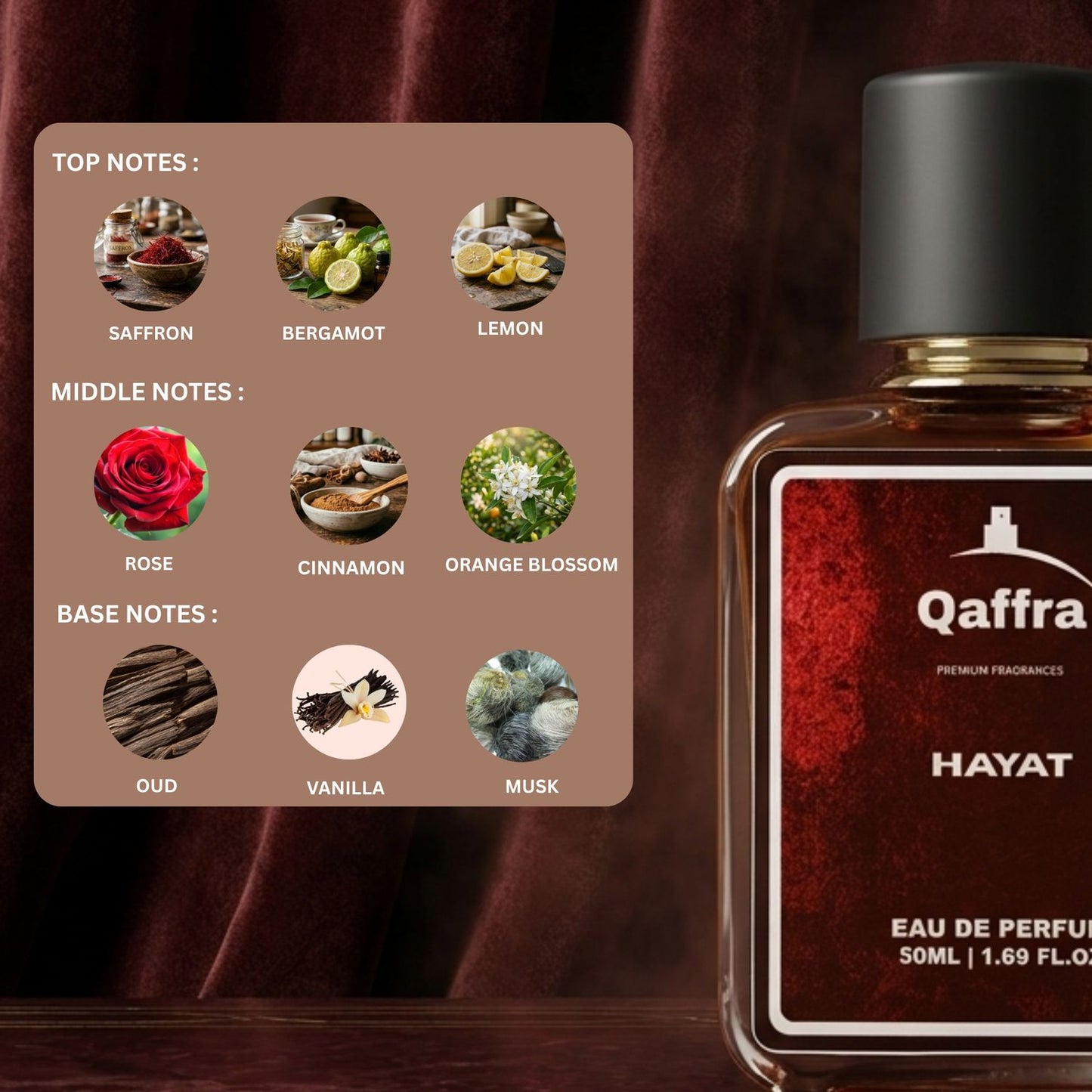 A bottle of Qaffra Hayat Eau de Parfum shown next to a brown information card detailing its scent notes, set against a dark red draped fabric background.