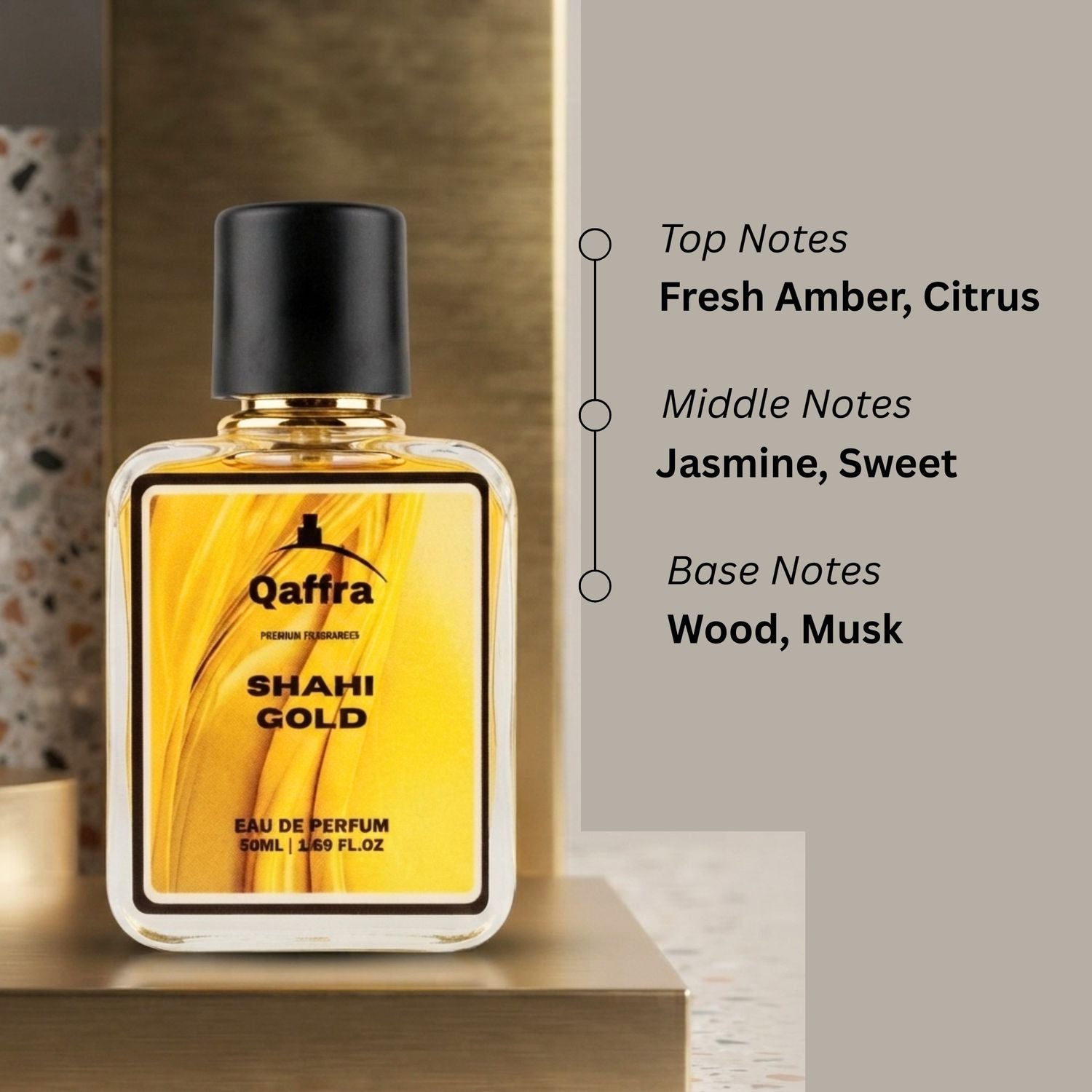 A bottle of Qaffra Shahi Gold Eau de Parfum displayed on a pedestal next to a text panel detailing its scent notes: Fresh Amber, Citrus; Jasmine, Sweet; and Wood, Musk.