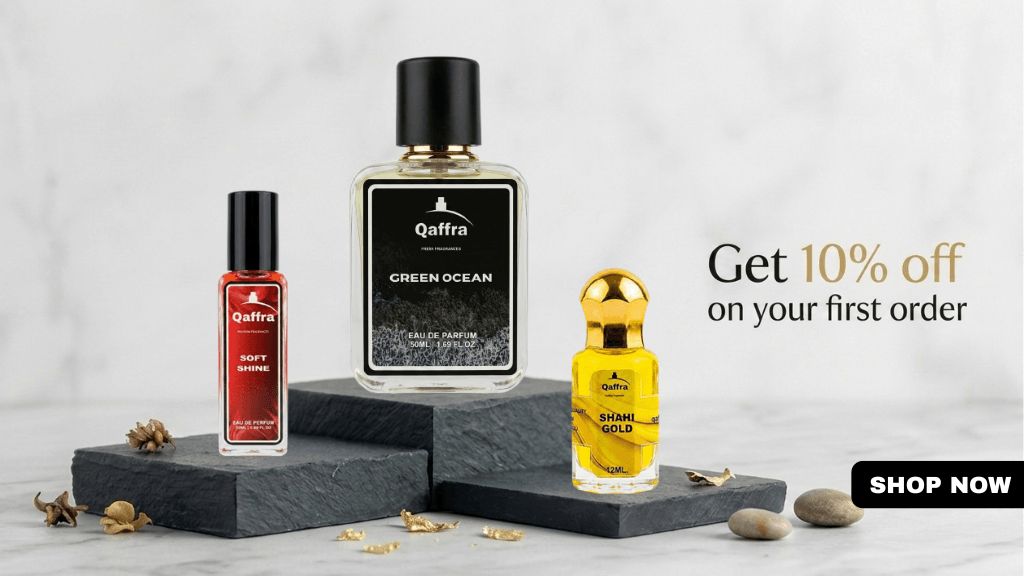 Three Qaffra fragrance products displayed on dark gray stone blocks against a light marble background, with promotional text reading 'Get 10% off on your first order' and a 'SHOP NOW' button.