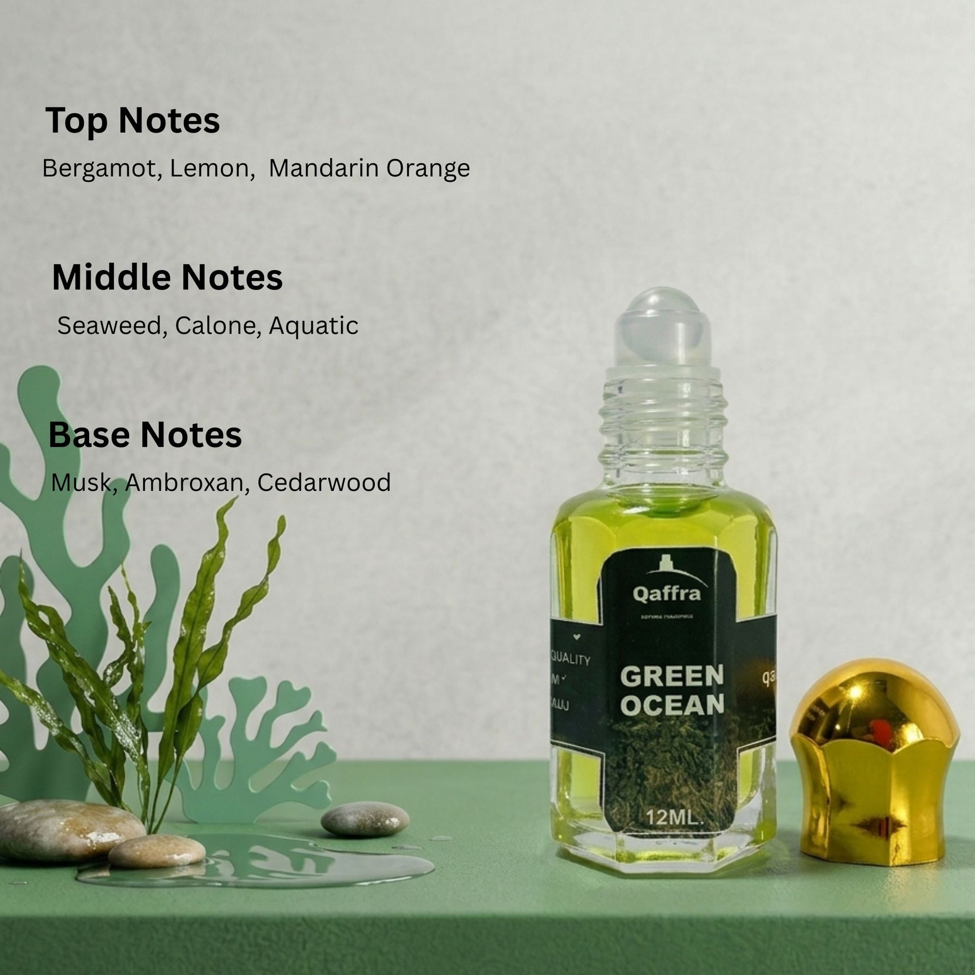 Qaffra Green Ocean perfume bottle with plant elements on a green surface and light gray background