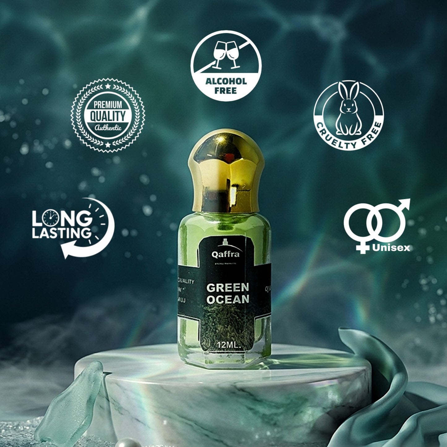Perfume bottle labeled 'Green Ocean' by Qaffra with certification icons on a green and blue gradient background.