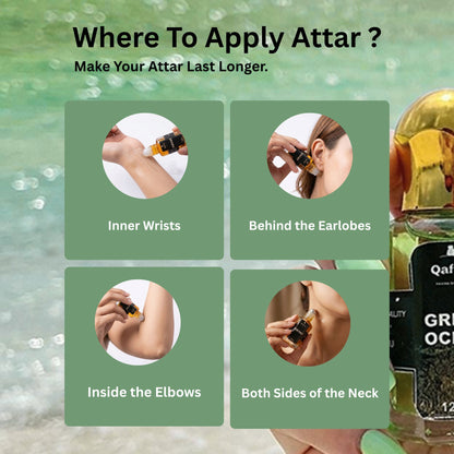 Instructional graphic for applying Attar, showing four panels with hands applying perfume oil to inner wrists, behind the earlobes, inside the elbows, and both sides of the neck. Text reads 'Where To Apply Attar ? Make Your Attar Last Longer.