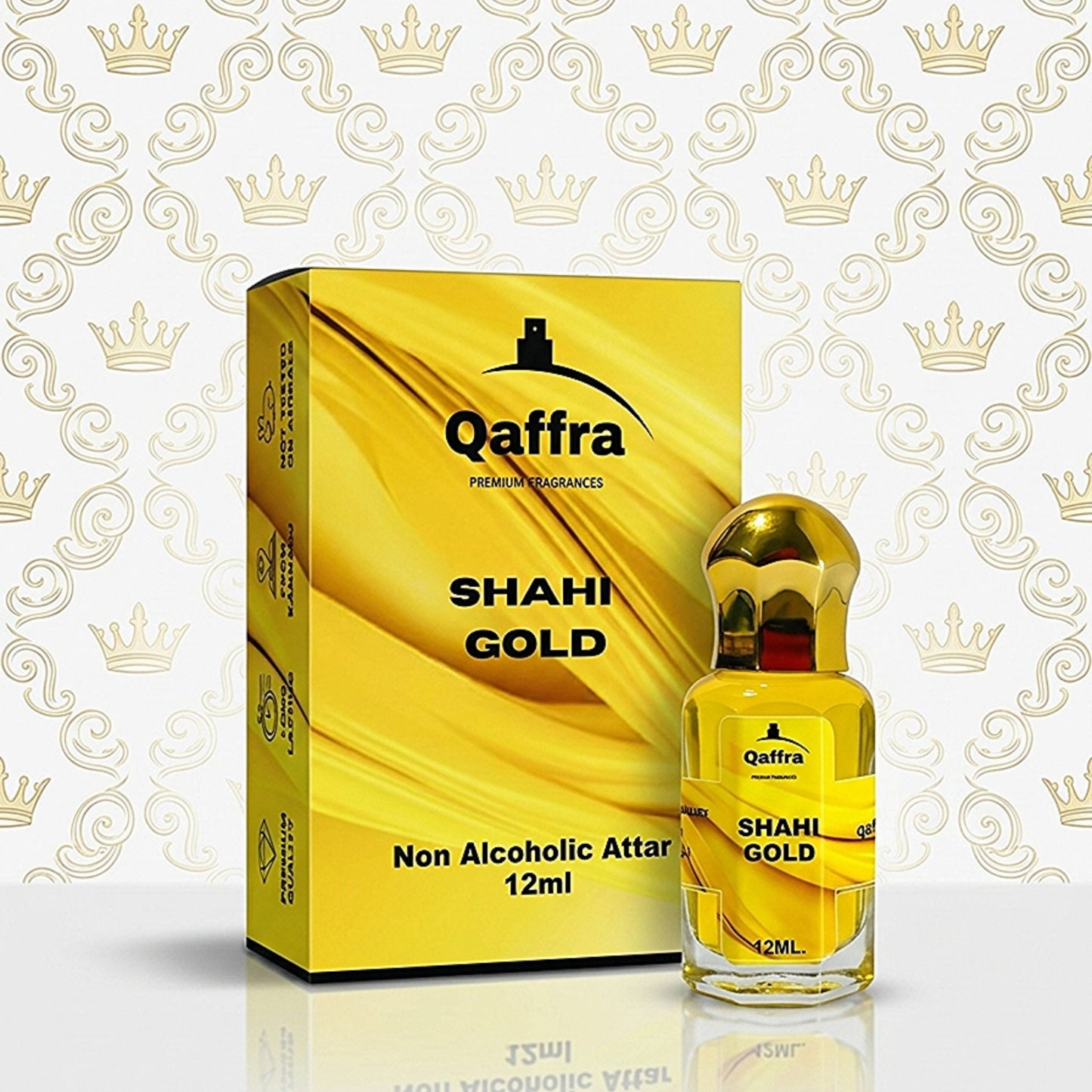Qaffra Shahi Gold 12ml Attar bottle and packaging on a decorative background with crowns.