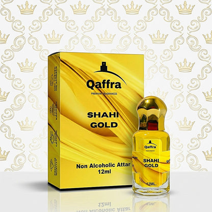 Qaffra Shahi Gold 12ml Attar bottle and packaging on a decorative background with crowns.
