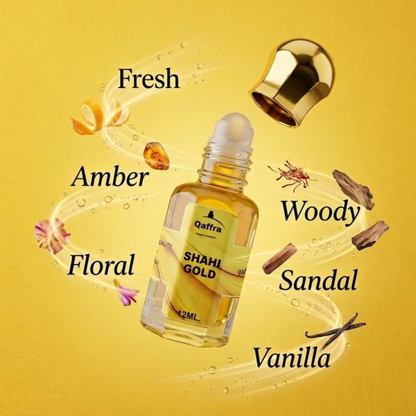 Shahi Gold 12ml Attar bottle with fragrance notes on a yellow background