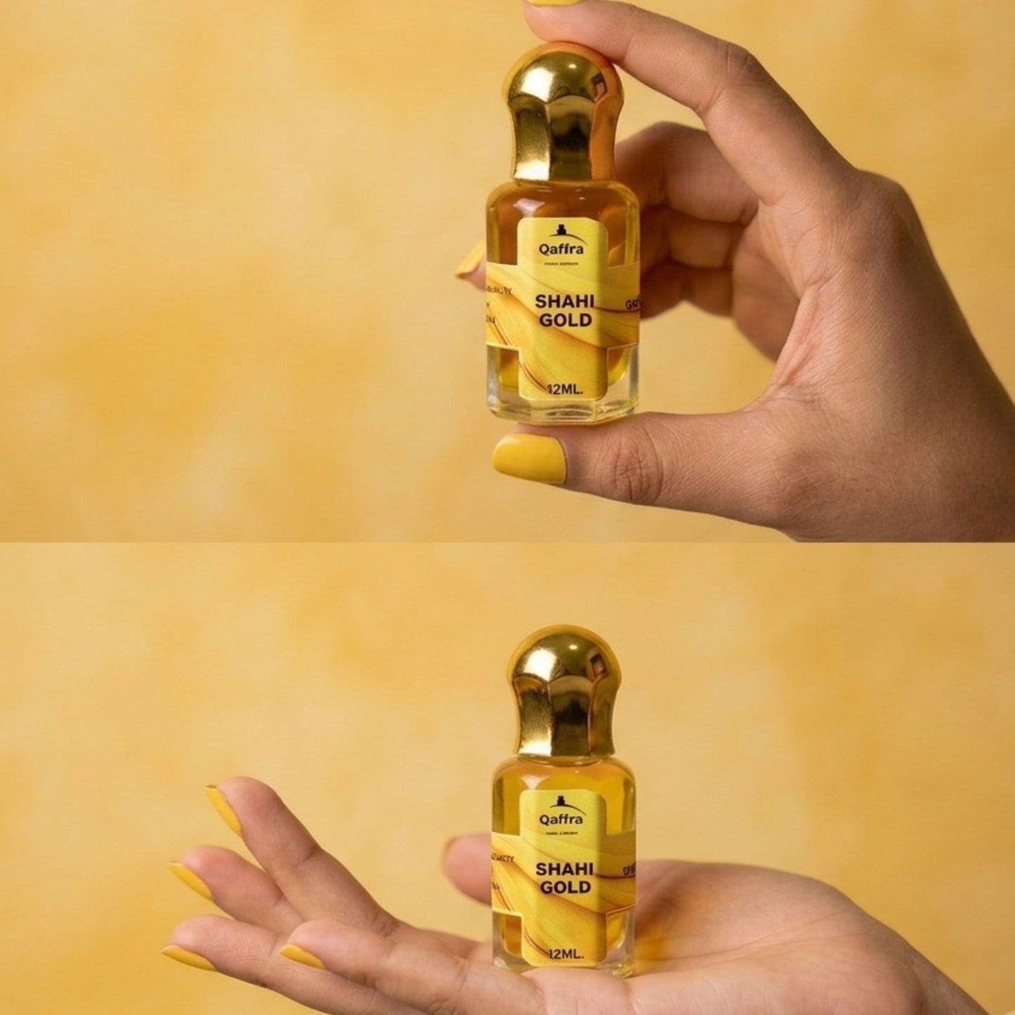 Hand holding a 12ml Attar bottle of 'Shahi Gold' against a yellow background