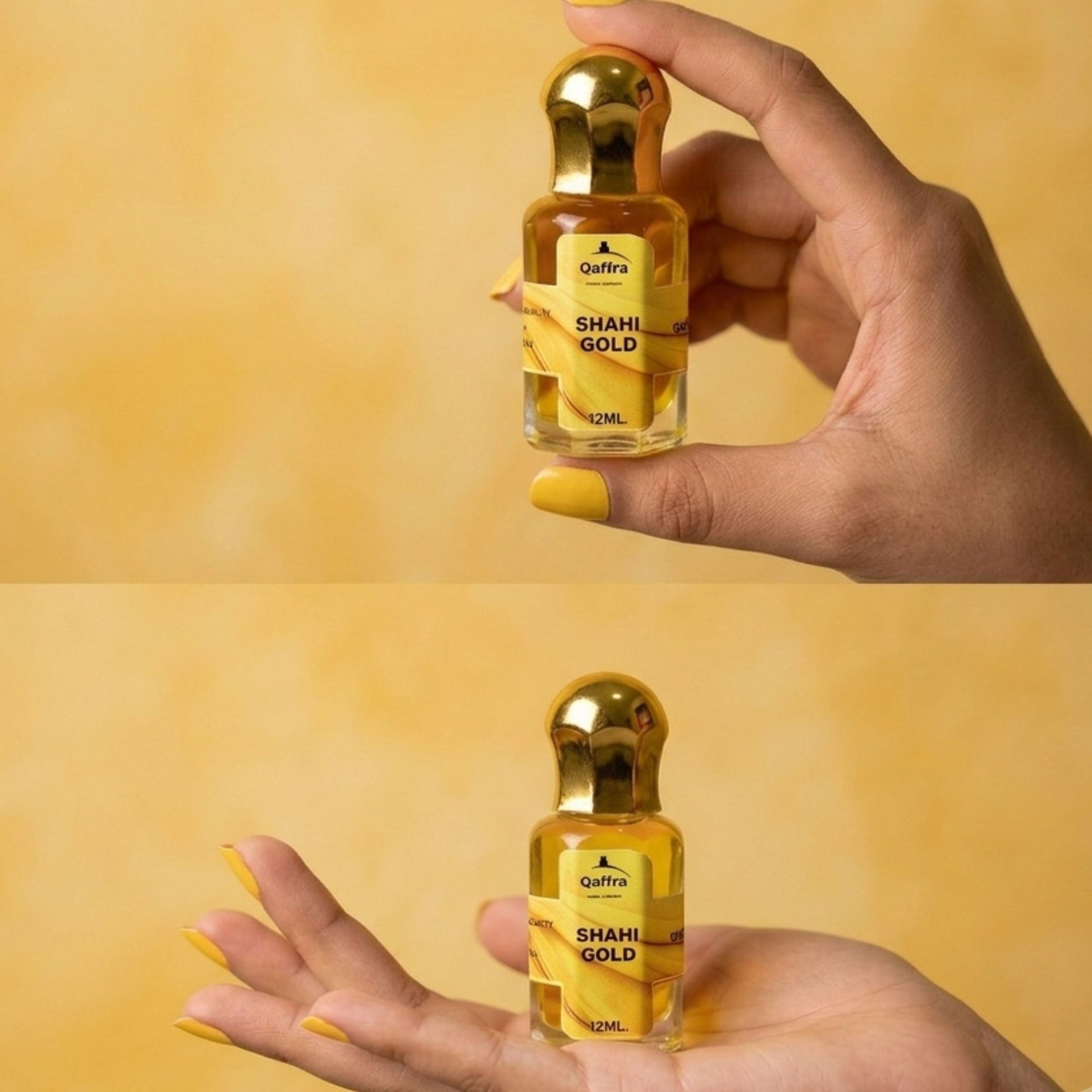 Hand holding a 12ml Attar bottle of 'Shahi Gold' against a yellow background