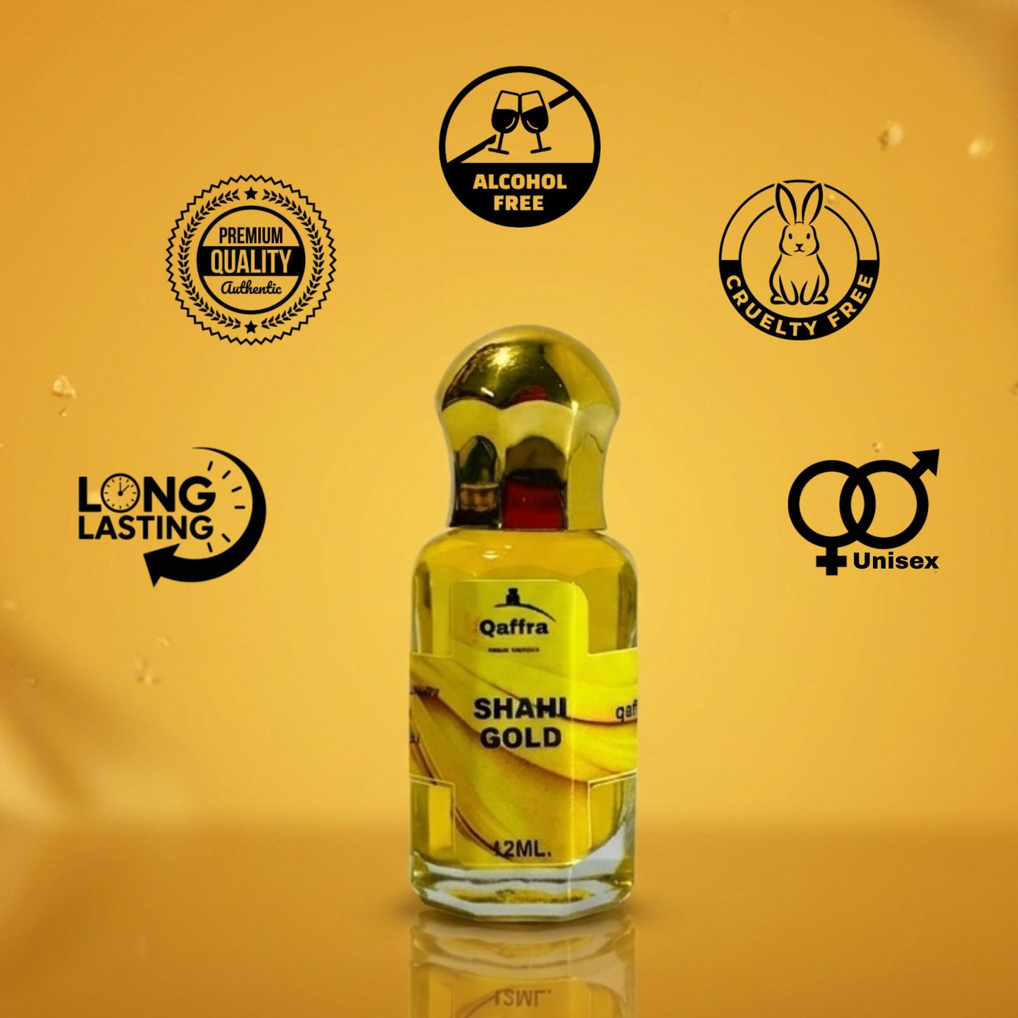 A 12ml bottle of Qafra Shani Gold perfume oil, featuring a shiny gold cap and yellow liquid inside a clear glass bottle, set against a warm gold background with various certification badges.