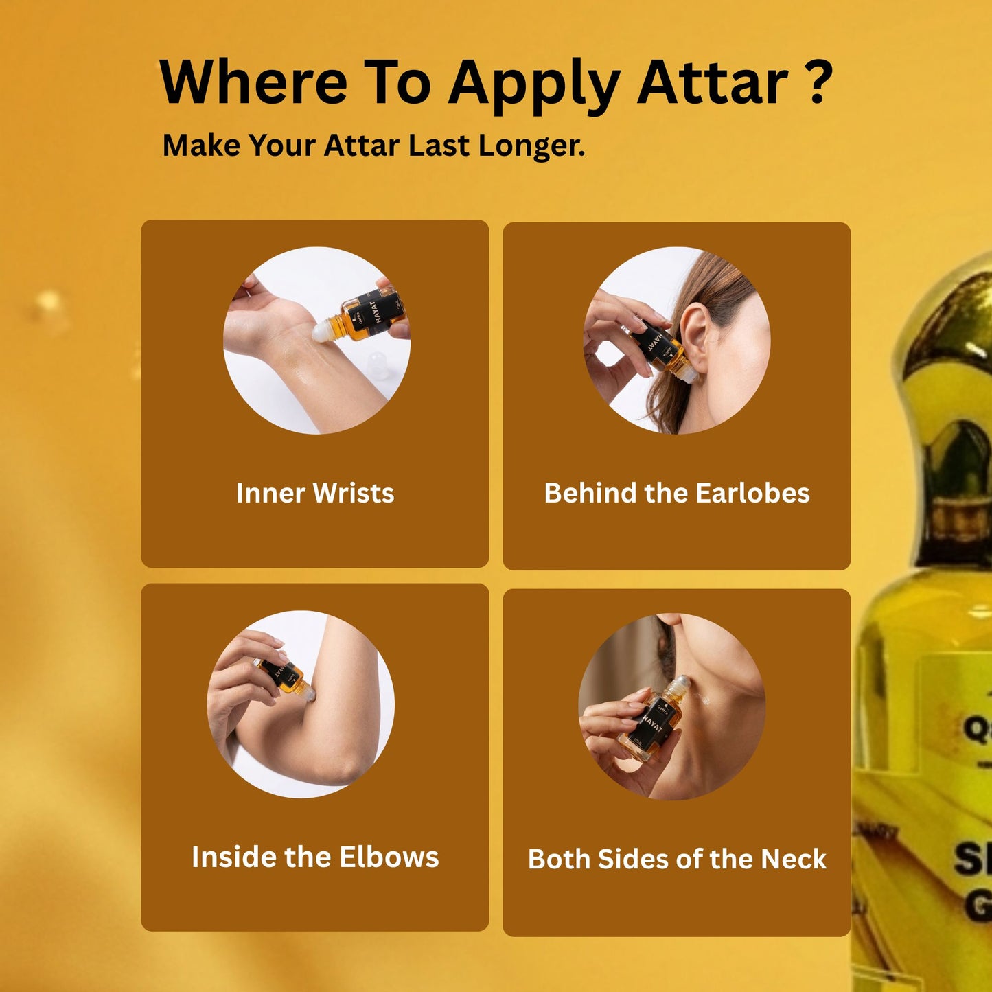 An informational graphic with the headline 'Where To Apply Attar ?' and subtext 'Make Your Attar Last Longer.' on a warm yellow background.