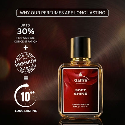 A bottle of Qaffra Soft Shine Eau de Parfum displayed on a dark brown background with promotional text highlighting up to 30% perfume oil concentration and long-lasting claims.