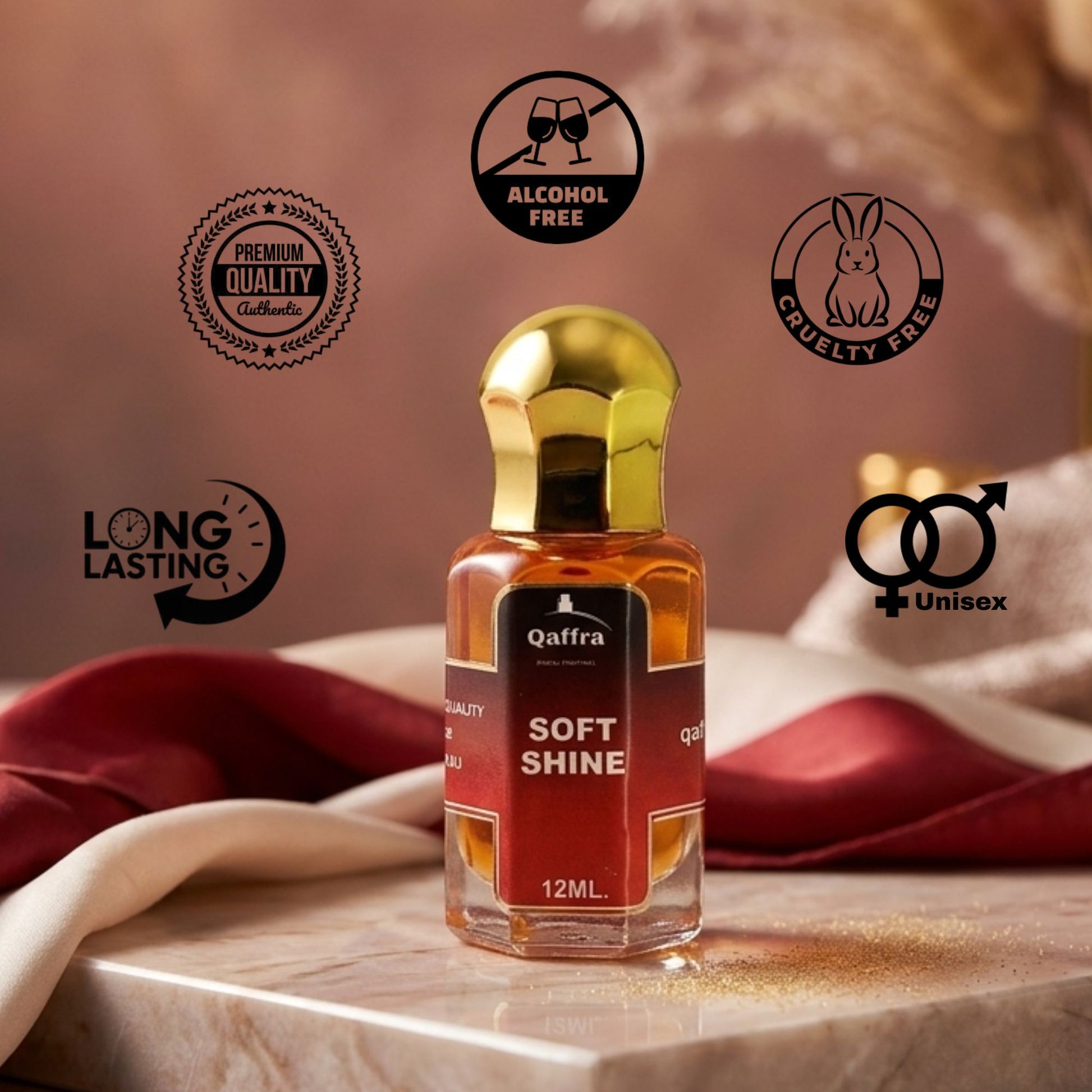 Qaffra Soft Shine Perfume oil bottle with certification logos on a marble surface